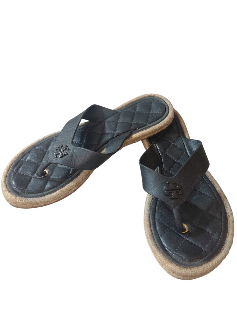 Tory Burch Black Quilted Leather Thong Sandals with Jute Trim